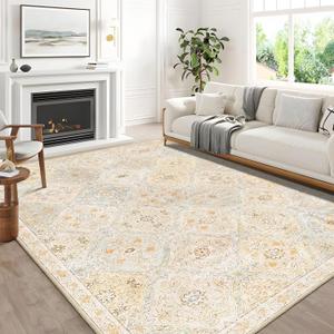 8x10 Area Rugs Washable,Beige Rug for Living Room Bedroom Dining Room,Large Boho Vintage Bohemian Distressed Oriental Carpet Non Slip,Floral