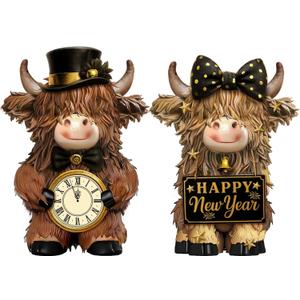 2 Pcs Happy New Year Highland Cow Figurines Decor New Year Cow Gnomes Gifts Resin Statue Calf Lovers Gifts for Farmhouse Home Garden Bathroom Kitchen Office Tiered Tray Table Decor