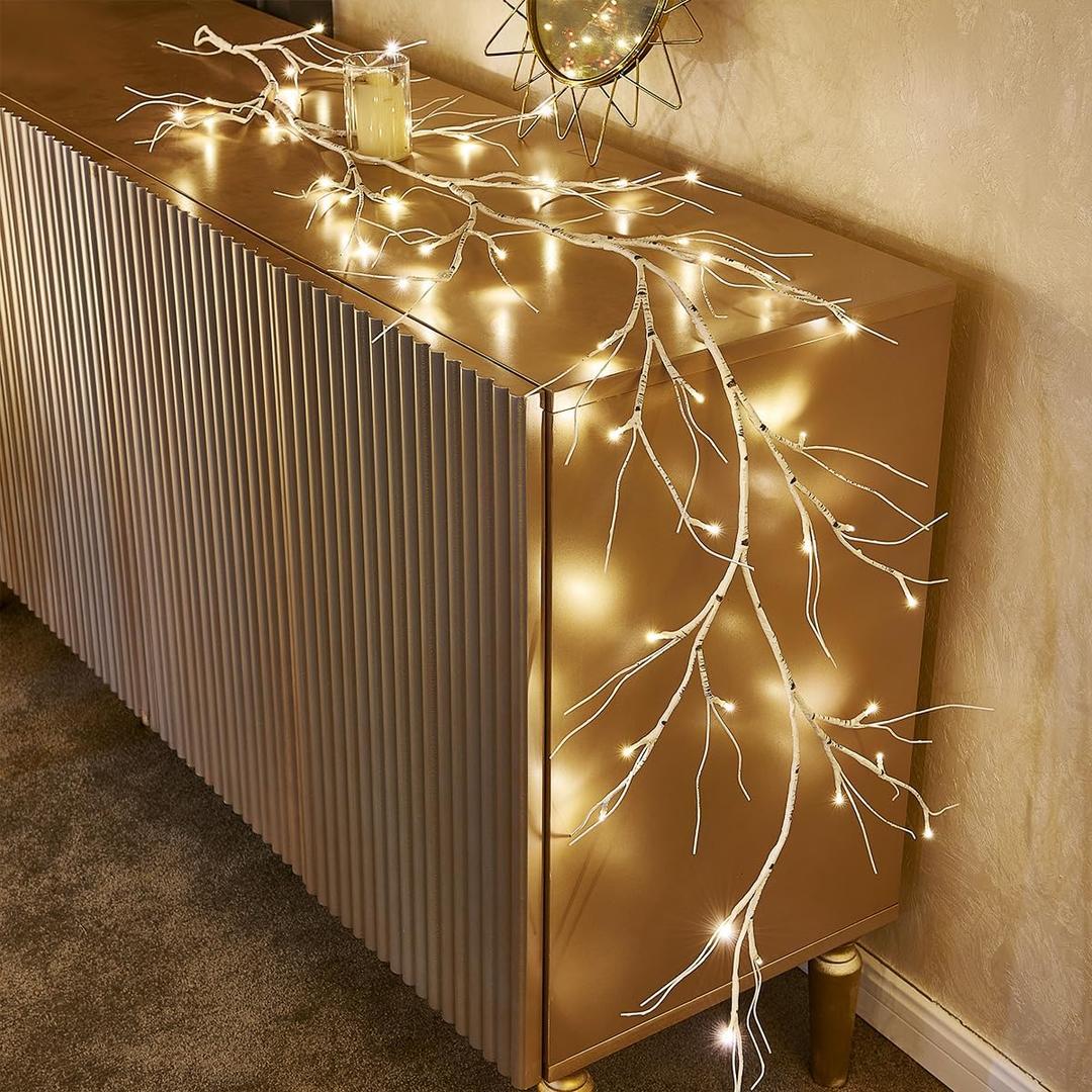 Birchlitland Birch Garland Lights 6FT 48 LED Battery Operated - Lighted Twig Vine with Timer for Christmas Fireplace Decoration Indoor Outdoor Use