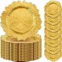 Rtteri 50 Pcs 13 Inch Charger Plates Bulk, Plastic Charger Plates with Floral Reef Design, Round Ruffled Rim Decorative Dinner Tableware for Wedding, Party, Event Table Decor(Gold)