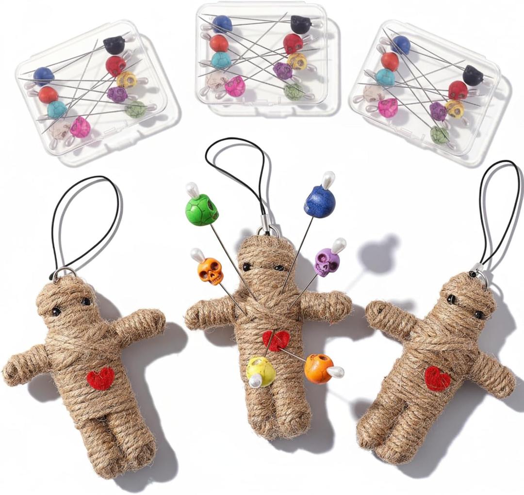 Poen 3 Pcs Voodoo Dolls Horror Doll with 30 Skull Pins, Christmas Stuffing Decoration Funny Inspirational Positive Ornaments Gifts for Friend Coworkers New Year Halloween Party Supplies(Hemp Rope)