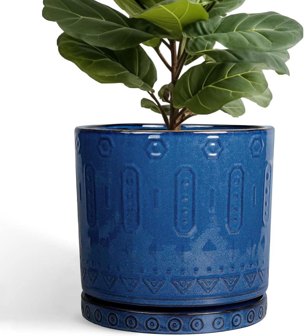 Eightpot 12 Inch Pot for Plants - Ceramic Planter for Indoor Plants Large Plant Pot with Drainage Holes and Saucer Outdoor Flower Pot Decorative Round Planter for Porch Office Decor Blue