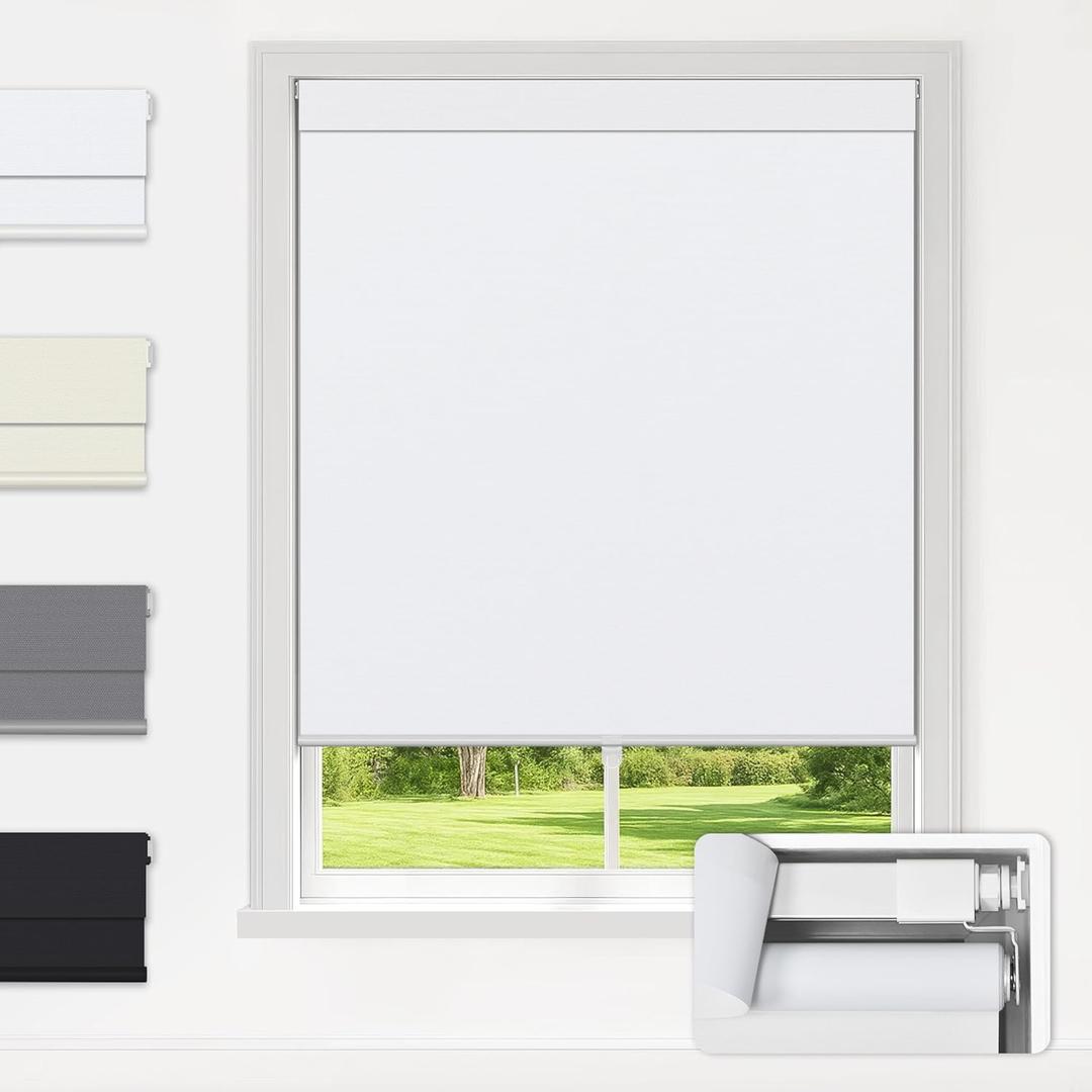 LazBlinds No Drill Blinds for Indoor Windows, Blackout Roller Shades, Cordless Window Blackout Blinds, Thermal Insulated Fabric UV Protection, for in Home and Office, 27.5" W x 72" H, White