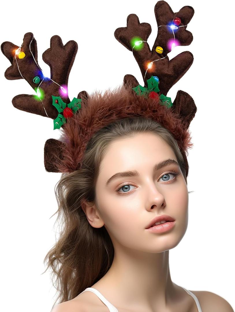 LOVESTOWN Light Up Reindeer Antlers Headband, Christmas Reindeer Headband LED Plush Reindeer Headband for Christmas Party Costume