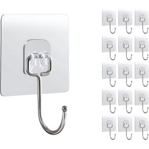 15-Pack Large Adhesive Hooks for Hanging Heavy Duty 33 lbs - Hooks for Walls with No Damage, Waterproof Adhesive Wall Hooks for Robe, Towel, Bathroom, Kitchen at Home or Office and Outdoor
