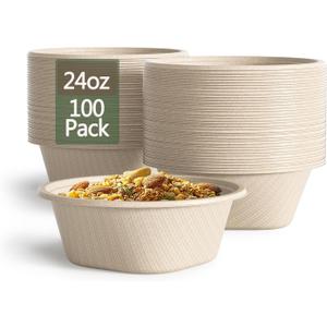 24 Oz Disposable Bowls, [100 Pack] Paper Bowls Disposable - Heavy Duty and Eco-friendly Sugarcane and Bamboo Bagasse Biodegradable Bowls for Cereal, Rice, French Fries - Convenient and Compostable