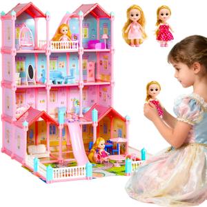 CUTE STONE Huge Dollhouse for Girls, Large Pretend Play Pink Doll House Gift for Kids