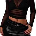 RoseSeek Women's Long Sleeve Mesh Tops Ruched Crew Neck See Through Tight T Shirts (Black, S)