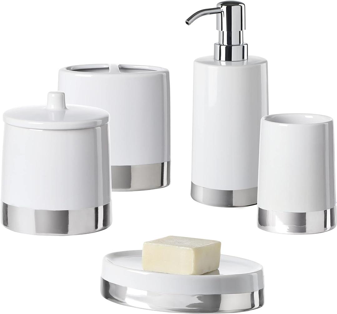 Bathroom Accessories Set, 5-Piece Ceramic Bath Accessory Complete Set with Lotion Dispenser/Soap Pump, Cotton Jar, Soap Dish, Tumbler and Toothbrush Holder (White and Silver)