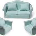 Dollhouse Couch Miniature Furniture Sofa with Pillows for Living Room Desktop Decoration Fabric Sofa Mini Home Scene Accessories Ornament (Sofa Set, Green)