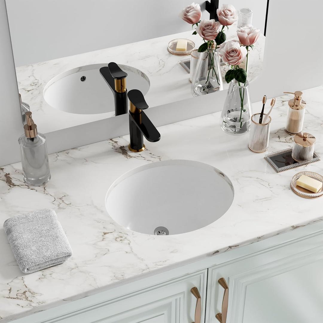 Undermount Bathroom Sink Oval, Hugsleek Interior Bowl Size 16 x 13 inch White Porcelain Ceramic Vessel Sink Under Counter Oval Exterior size 18x15in Bath Sink Bowl Basin Lavatory Vanity Fireclay (16"x13", White Undermount)