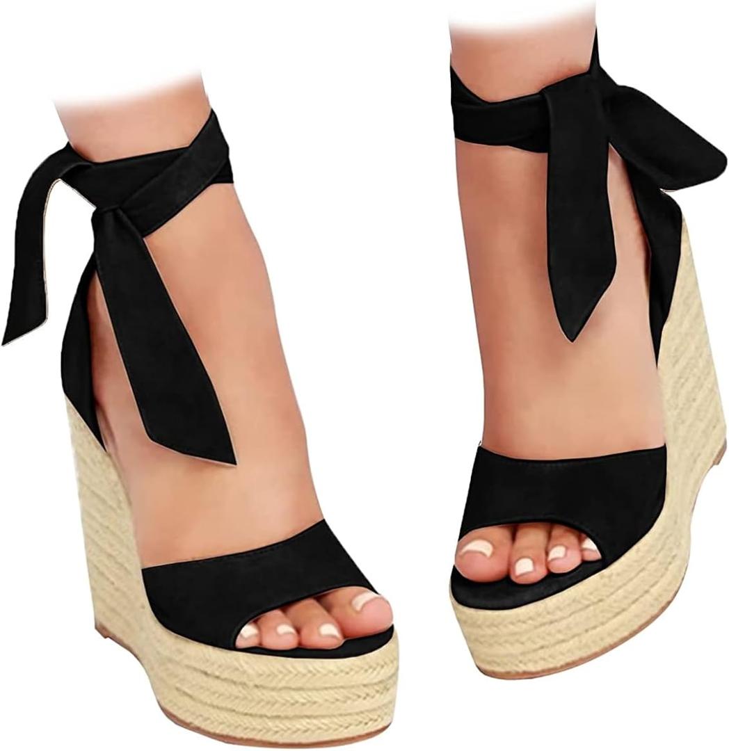 Womens Espadrilles Wedges Sandals Heels Open Toe Tie Lace Up Platform Ankle Strap Summer Dress Shoes (8, Black)