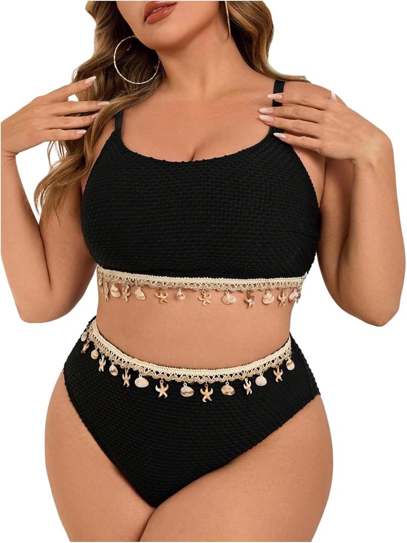 Women's Plus Size 2 Piece Bikini Set Boho Shell Chain High Waisted Modest Swimsuit Bathing Suit (XX-Large Plus, Black)