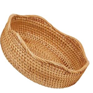 Natural Rattan Round Fruit Basket Bowls, Hand Woven Decor Serving Baskets, Wicker Storage for Dinning Room (Wave-Medium)