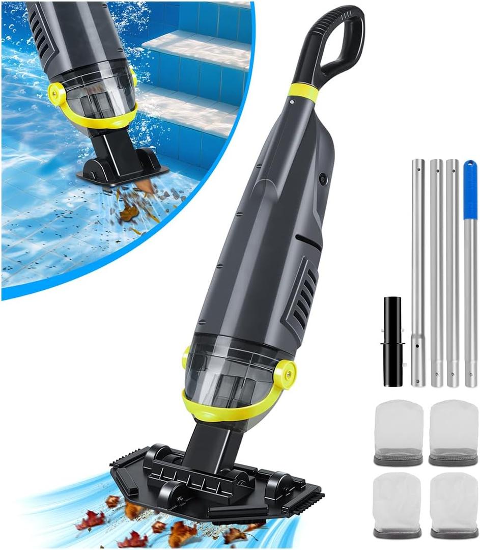 Cordless Handheld Pool Vacuum Cleaner with 4 Filter Bags, Suitable for Ultra-fine Impurity Filtration| Dual Brush Heads+Aluminum Poles | 20.5 GPM Suction-Powerful Spa Vacuum for Hot Tub-Yellow