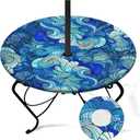 Blue Round Outdoor Tablecloth With Umbrella Hole, Retro Fitted Table Cover With Zipper, Waterproof Windproof Umbrella Table Cloth with Elastic(48''-54'')