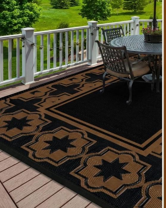 Haoyunll Outdoor Rug Geometric Black Brown 9x12 Waterproof | Extra Large Reversible Plastic Straw Outdoor Patio Rug 0.13" Thick for Backyard, Patio