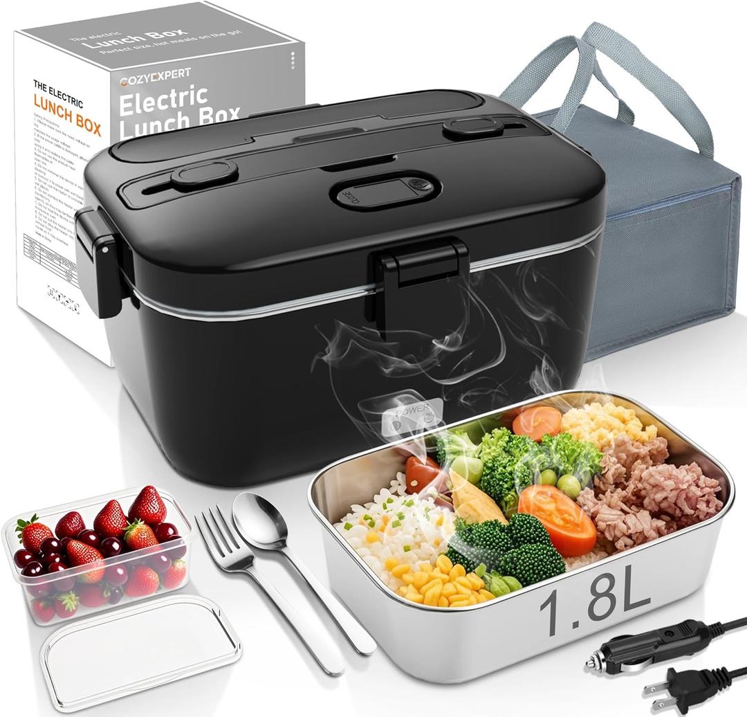 COZYEXPERT Electric-Lunch-Box-Heated-Food-Warmer 100W Heating Lunchbox for Adults 1.8L Portable Food Heater for Work/Car, 12V/24V/110-230V Lonchera Elctrica Porttil with Fork Spoon (Black)