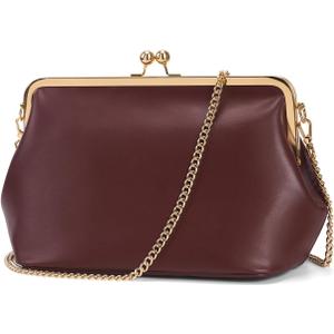 Women's Kiss Lock Crossbody Bag PU Medium Handbags Kiss Clasp Crossbody Shoulder Bags Tote Purse Messenger Handbag (Wine Red)