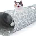 LUCKITTY Geometric Straight Cat Tunnel with Plush Inside,Cats Toys Collapsible Tunnel Tube with Balls, for Rabbits, Kittens, Ferrets,Puppy,Diameter 11.8 Inch