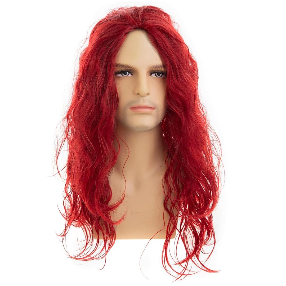 Baruisi Long Curly Wavy Red Wigs for Men Synthetic Natural Party Halloween Cosplay Hair Wig