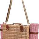 Picnic Basket with Blanket and Wine Pouch for 2, Wicker Picnic Set with Insulated Liner Cooler Bag Hamper for Camping,Wedding - Red Gingham