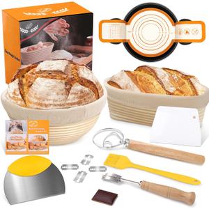 Banneton Basket Set of 2, 10" Oval & 9.7" Round Banneton Bread Proofing Basket with Liners, Bread Lame, Silicone Baking Mat, Danish Whisk, Brush, Proofing Bowls Sourdough Starter Kit Tools
