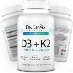 Liposomal Vitamins D3 + K2 Supplement Doctor Formulated Support for Heart, Brain, Bones, and Immune System Sourced from Plant Based Lichen and Natto - Gluten-Free, Non-GMO - 30 Chewable Vegan Tablets, BB Date: 03/2028