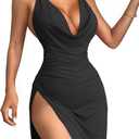 JOTWIS Women's Sexy Backless V Neck Mini Dress High Slit Club Night Out Party Cocktail Dresses (Black, S)
