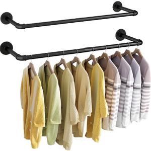 Wall Mounted Clothes Rack 20in, Industrial Pipe Wall Mount Clothing Rack, Heavy Duty Iron Garment Racks, Space Saver Multi-purpose Hanging Rod for Laundry Room, Closet Storage, 2 Packs