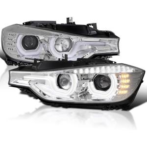 SPEC-D TUNING Chrome LED U-Halo Projector Headlights w/LED Strip Compatible with 2012-2015 BMW F30 3-Series Sedan HID Type, Left + Right Pair Headlamps Assembly