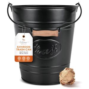Autumn Alley Farmhouse Bathroom Trash Can - Decorative Rustic Black Trash Can Bucket with Wooden Handle for Bathroom, Bedroom, Office, Kitchen, Western Country Home Dcor, 2 Gal., Matte Black