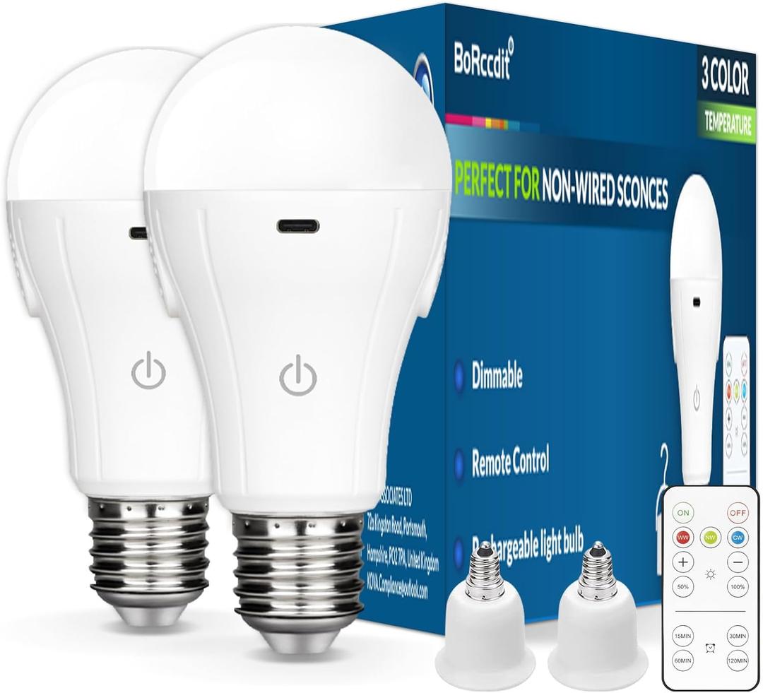 CordlessGlow 15W E12 Rechargeable Light Bulbs with Remote, 3 Color Temperatures and Dimmable Battery Light Bulb, Touch Control + 4 Timing + USB Rechargeable Battery Powered Light Bulb, 2Pack