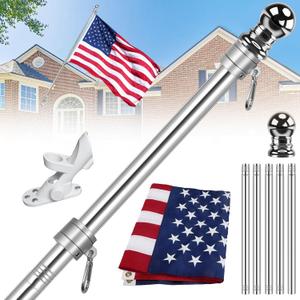 American Flag 2.5x4 FT with Pole, American Flag Pole Kit for Outside Including 6FT Stainless Steel Flag Pole with 360Rotating Rings, USA Flag with Embroidered Stars, Two-Position Flag Pole Holder