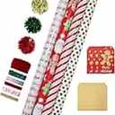 LaRibbons Christmas Wrapping Paper Sets, Gingerbread Man & Polka Dot & Stripes Design with Ribbons & Gift Tags & Metallic Pom Pom for Christmas, Holiday, 30Inch × 10Feet（ 4 Rolls: 100 Sq.Ft.Ttl）