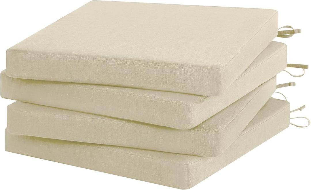 Favoyard Outdoor Chair Cushion Set of 4 Rainproof & Color Fade Resistant 19 x 19 x 2 in Square Corner Patio Furniture Cushions with Waterproof Hidden Zipper Attach Ties for Dining Table Chairs Seats (Beige)