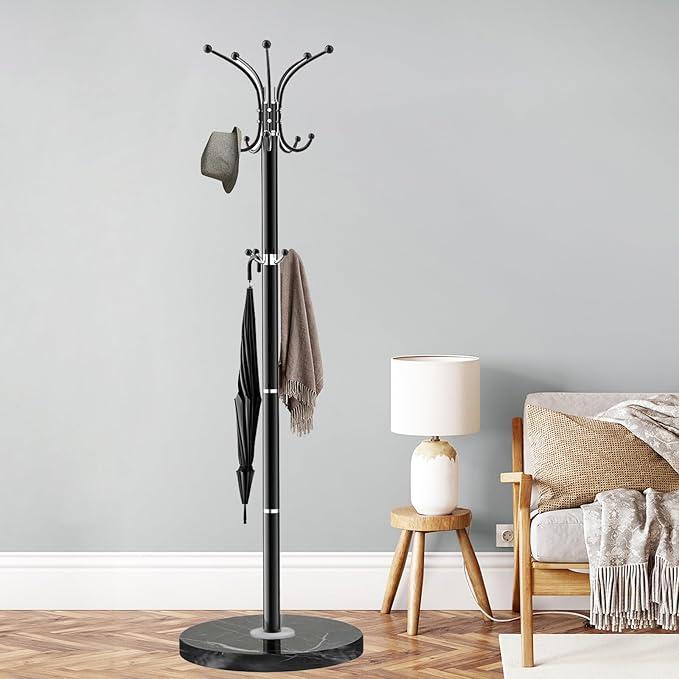 Metal Coat Rack Stand, Modern Coat Rack Freestanding with Natural Marble Base, 360° Rotary Design Coat Racks with 14 Hooks, Coat Tree for Bags, Hats, Entryway, Office