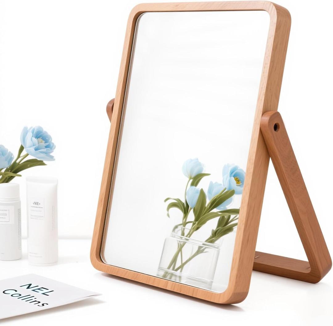ZOROSY Desk Makeup Mirrors with Wood - Rectangle Wall-Mounted Mirrors Table Mirrors for Living Room Bedroom Birthday Gifts (10.5" L x 7.8" W)