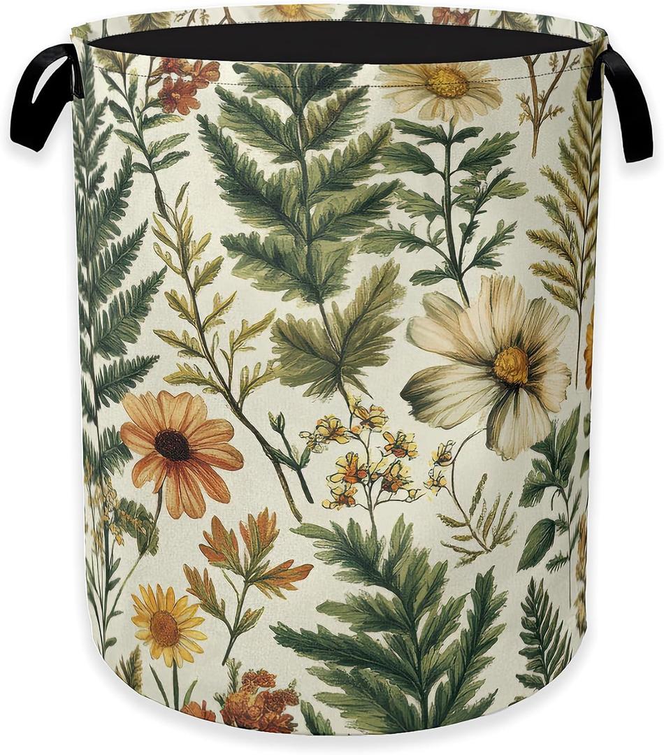 Laundry Hamper, Green Herb Leaf Laundry Basket, Farm house Wildflower Portable Collapsible Laundry Room Organization Storage for Dorm Room, Nursery, Bathroom, Bedroom, 16x20 Inch