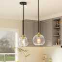 EDISHINE Mid Century Kitchen Pendant Lighting Over Island 2 Pack, Clear Glass Globe Shade, Hardwired Black and Gold Adjustable Hanging Light Fixtures for Dining Room, Entryway
