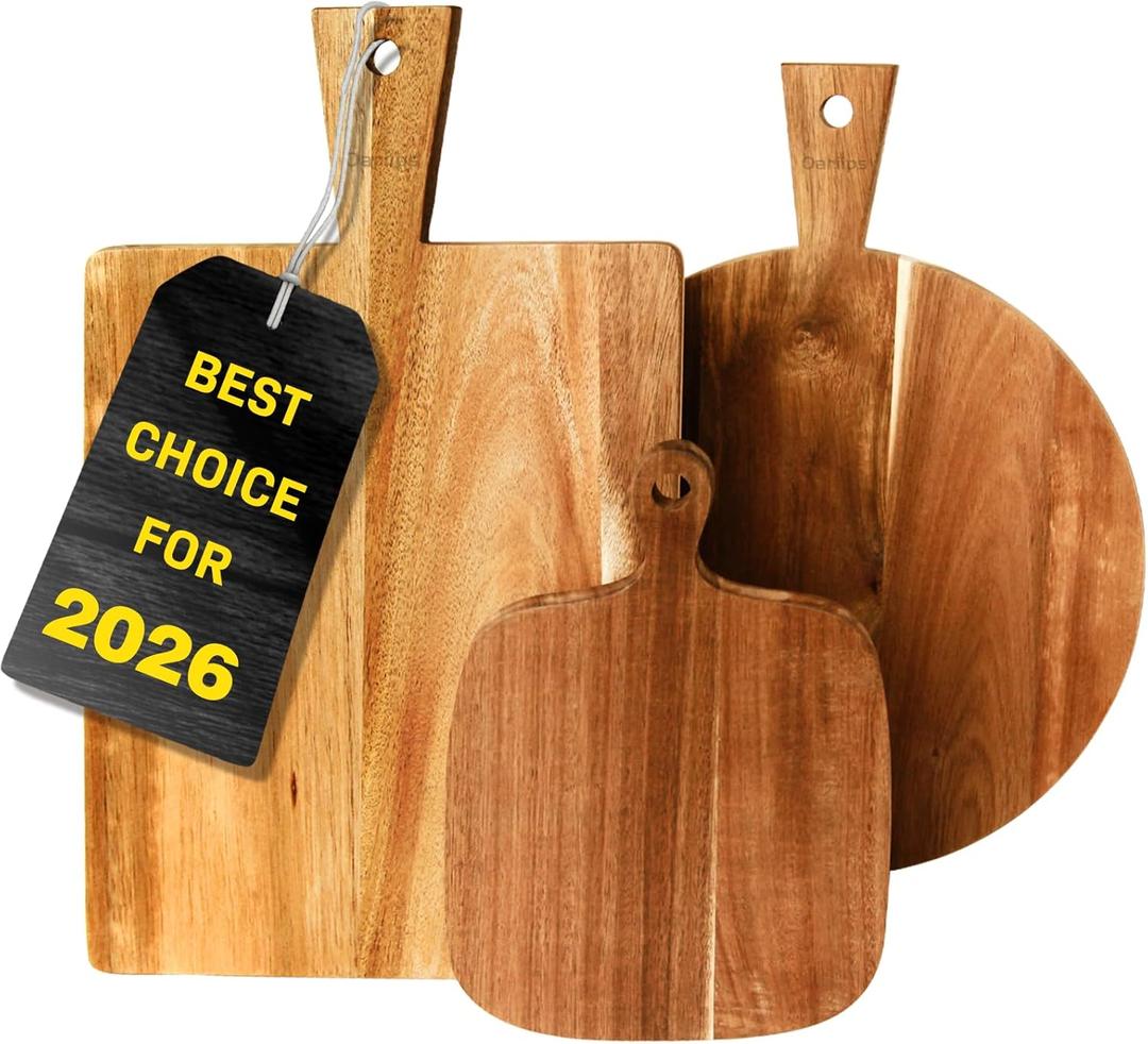 Acacia Wood Cutting Board Set of 3 with Handles  Round, Rectangular & Paddle Charcuterie Boards for Cheese, Meat, Pizza, Bread & Fruits (16"L x 12"W)