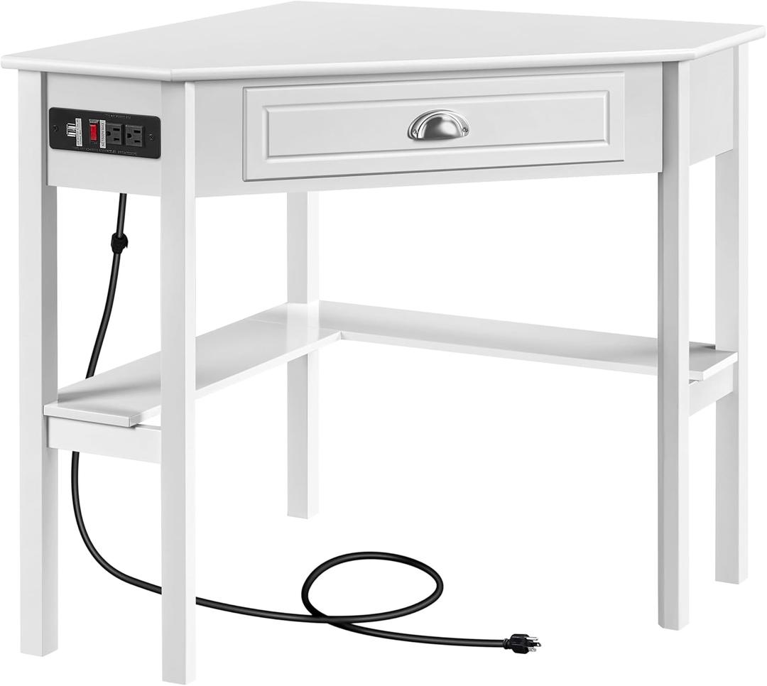 Yaheetech L Shaped Corner Computer Desk with Power Outlets, Reversible Triangle Workstation with USB Ports and Hook for Small Space, Modern Home Office Desk Gaming Table with Drawer & Shelf, White (Large)