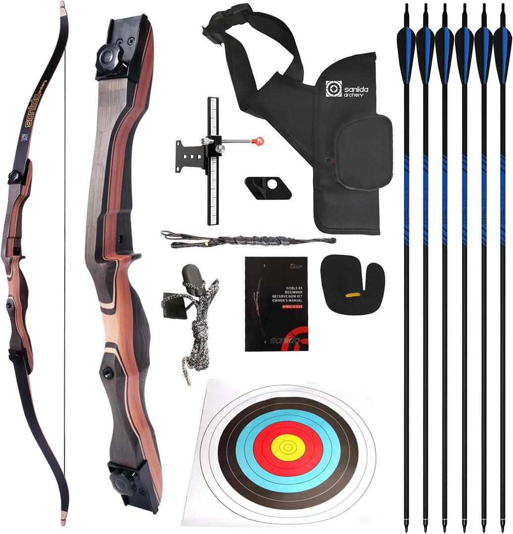 Sanlida Noble Standard Beginner & Intermediate Recurve Bow and Arrows Kit for Adult and Youth, Wooden Takedown Recurve Bow Package for Training, Practice & Competition RH Only (48", 10lbs)