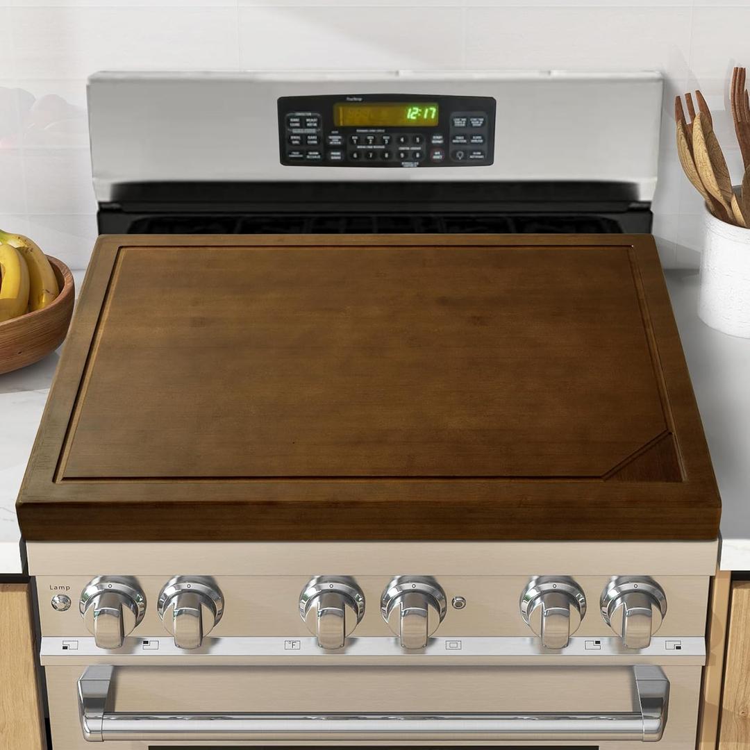 Fun Memories Noodle Board Stove Cover - Bamboo Wood Top Covers for Electric and Gas Sink RV 30 inL x 22 inW x 2.5 inTh Raised Cutting with Legs Juice Grooves XXX-Large, Walnut 