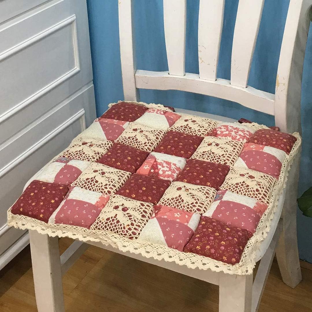 vctops Patchwork Chair Pad with Ties No Slip Lace Trim Chair Cushion Farmhouse Floral Print Kitchen Dining Seat Cushion (606 Red, 16"x16")