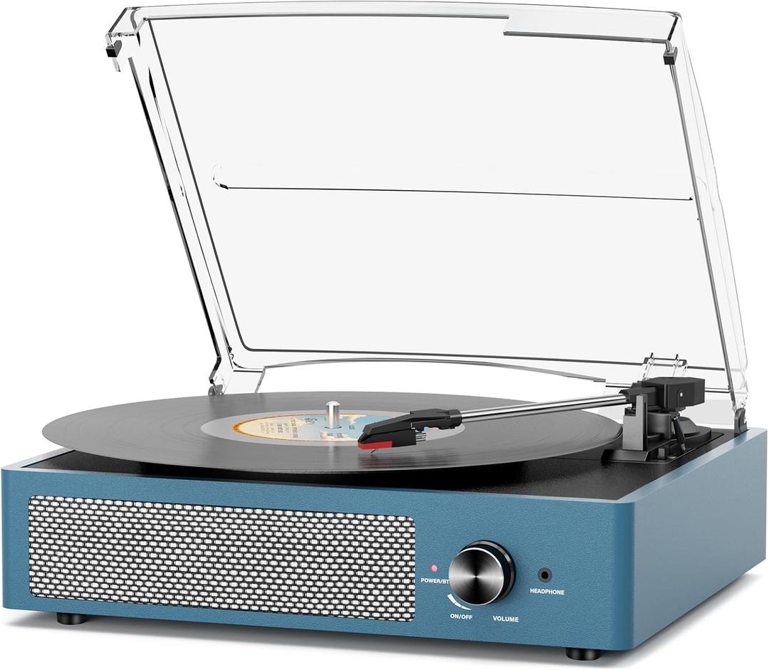 Vinyl Record Player with 2 Stereo Speakers Belt-Driven Vintage Turntables 3 Speed 3 Size Wireless Bluetooth Playback AUX-in RCA Out Headphone LP Vinyl Players Auto Stop Frosted Blue