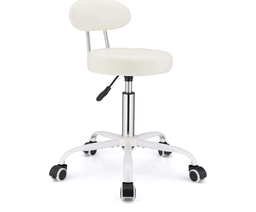 PU Leather Rolling Stool with Back Support Height Adjustable Swivel Stool Chair with Wheels Drafting Chair for Spa Slaon Massage Stable Base Foot White