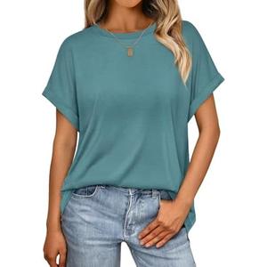 AUTOMET Women's Oversized Short Sleeve T-Shirt, Casual Drop Shoulder Top with Roll-Up Cuff Sleeves for Summer, Size S