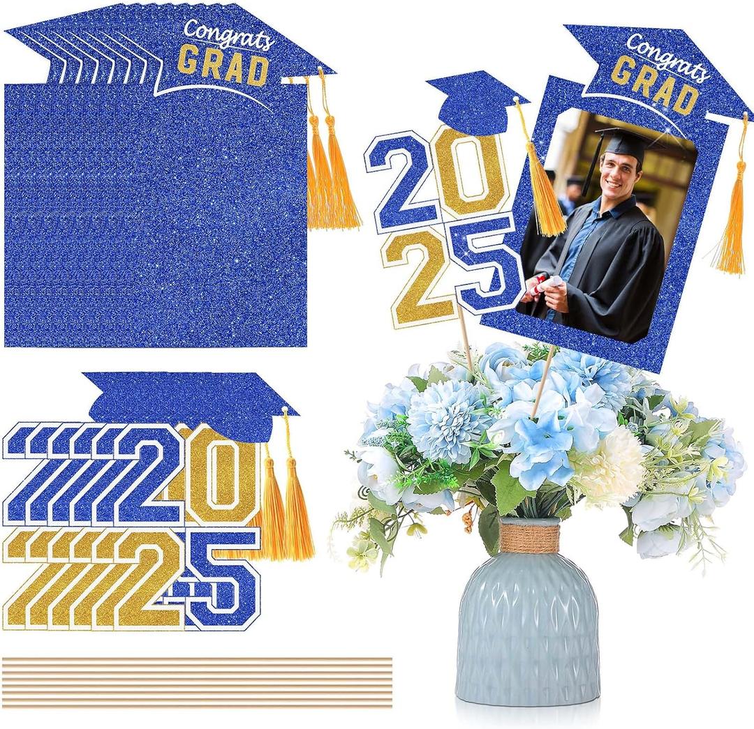 Amyhill 16pcs Graduation Table Centerpieces Sticks with Tassels Class of 2025 Grad Cap Picks and Party Picture Sticks Photo Table Toppers for High School College Party Decorations(Blue and Golden)