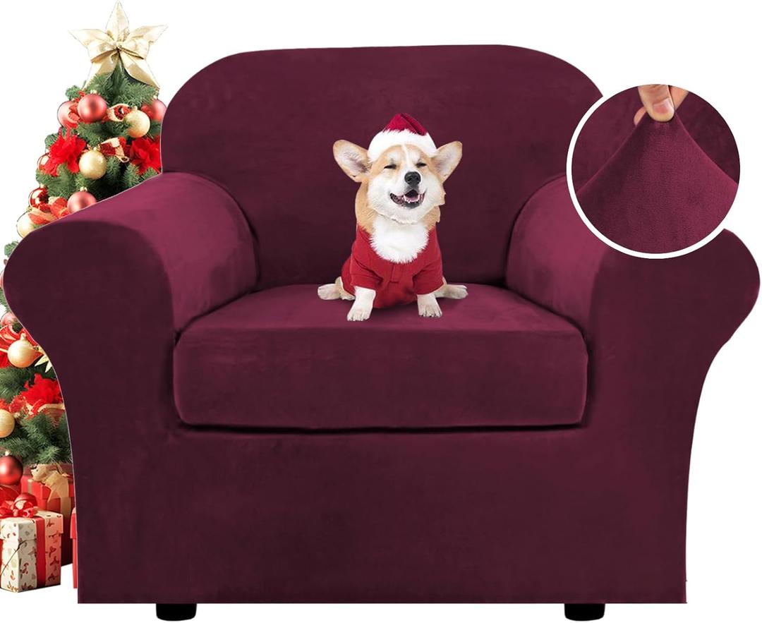 H.VERSAILTEX Rich Velvet Stretch 2 Piece Cover Chair Slipcover Sofa Cover Furniture Protector Couch Soft with Elastic Bottom Chair Couch Cover with Arms Width Up to 49 Inch(Chair, Burgundy)
